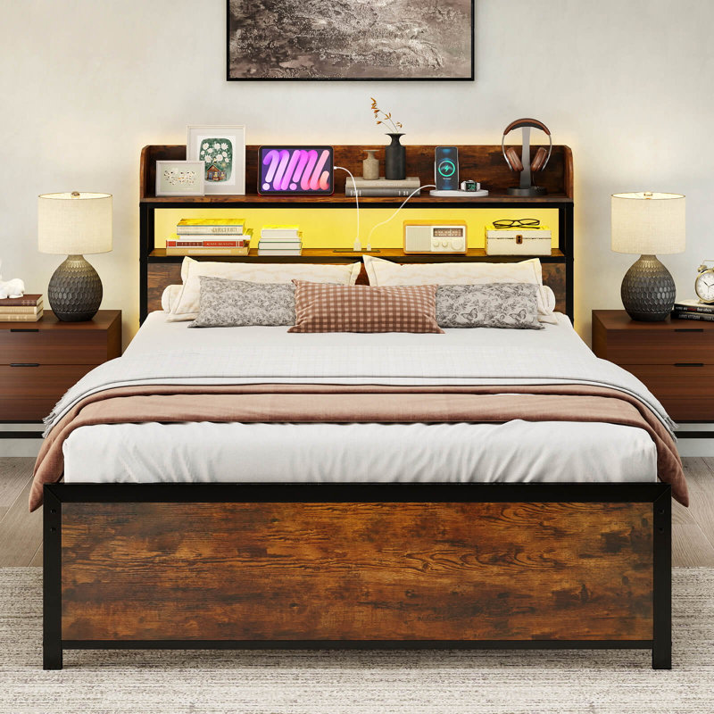 Full Bed Frame with LED Lights Power Outlets Storage Headboard Metal Slat Support