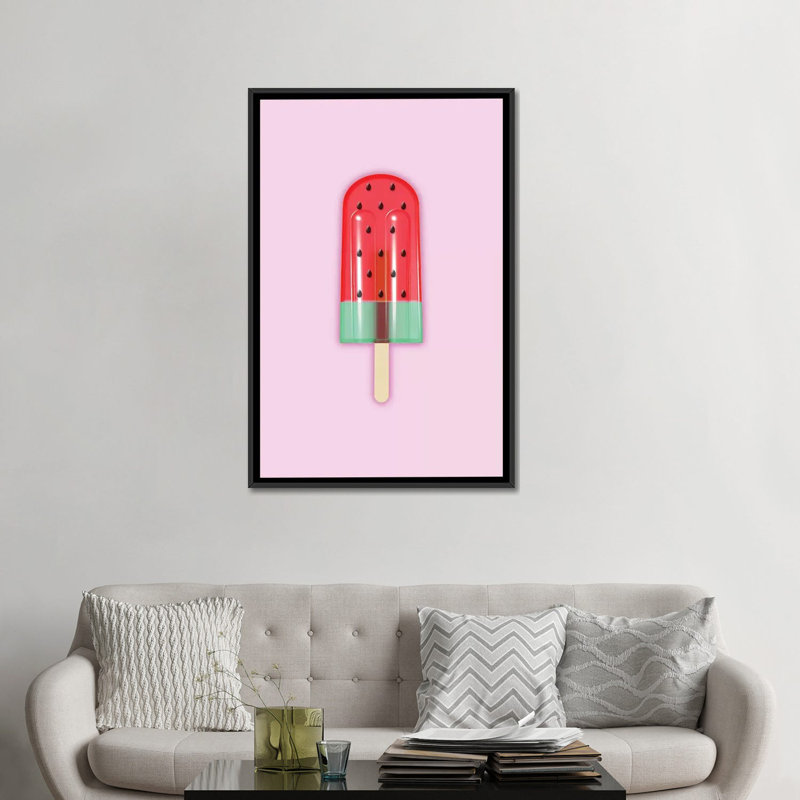 « pastèque popsicle », impression sur toile tendue, H 26 po x l 18 po x P 1,5 po, Toile avec cadre noir, Pas de tapis