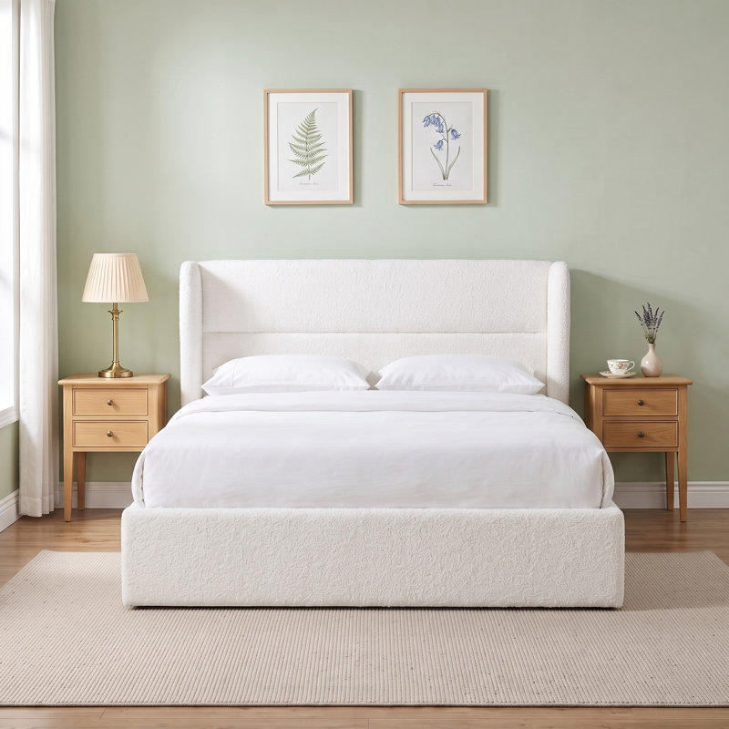 Lit plateforme tapissier avec rangement Gaillarde, Grand, Blanc