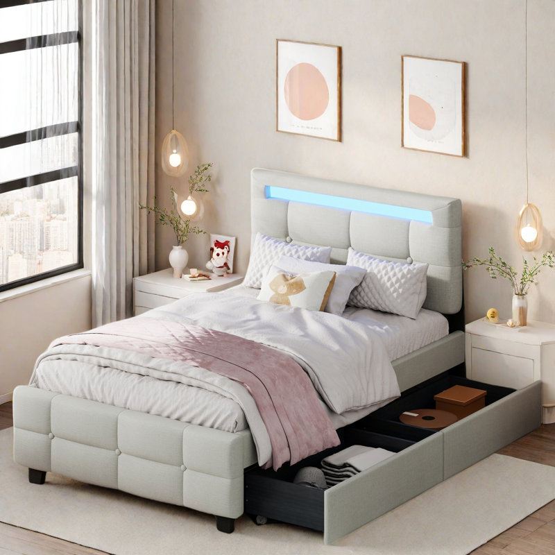 Élégant lit plateforme tapissier avec cadre à DEL et 2 tiroirs, Beige