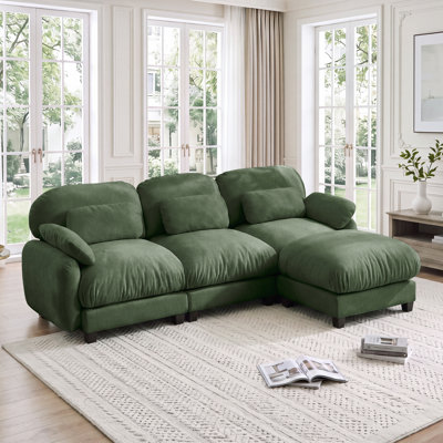 Canapé d'angle modulaire 3 places à effet nuage, chenille verte, pouf