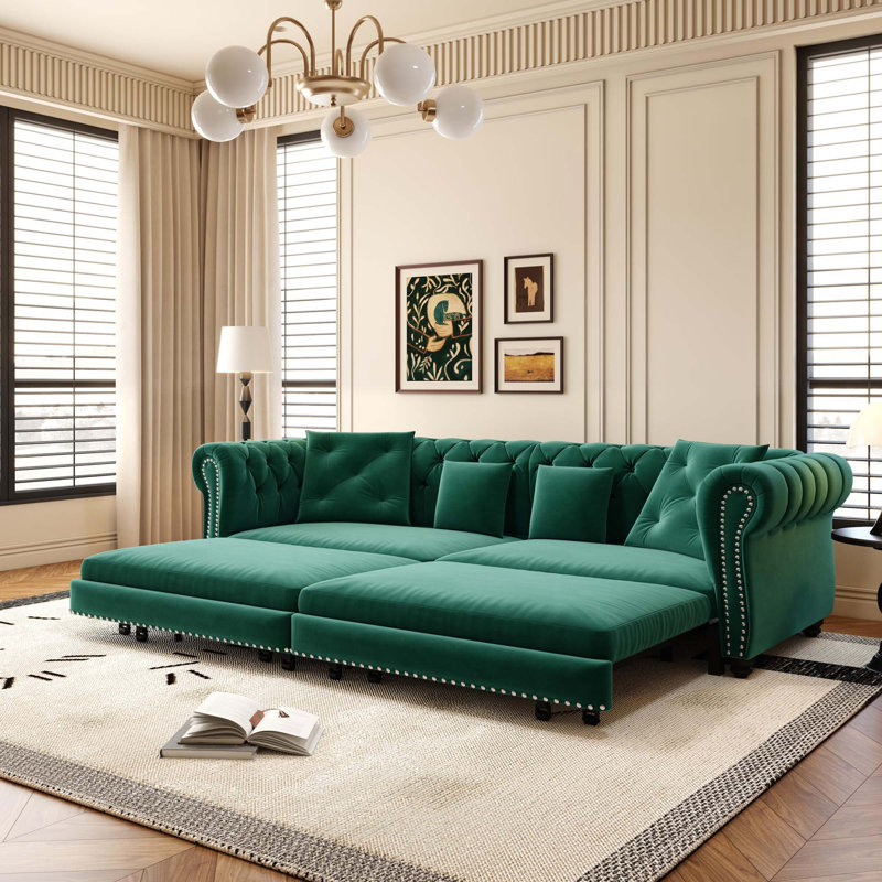 Canapé-lit 89 po en velours, canapé-lit convertible escamotable, canapé-lit Chesterfield rembourré avec 4 coussins, vert