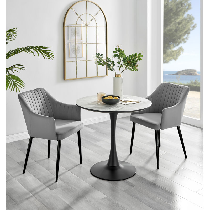 Table de salle à manger blanche effet marbre et 2 chaises de luxe en velours, Gris / Noir