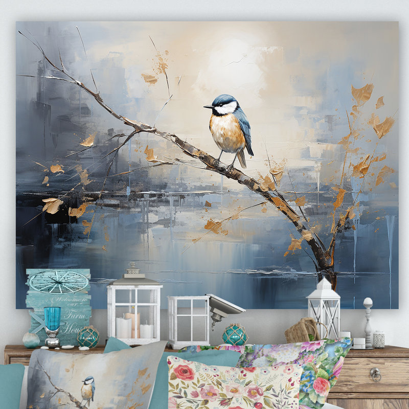 Art mural doré et bleu au printemps I - oiseau sur un arbre, Toile tendue, H 16 po x l 32 po x P 1 po