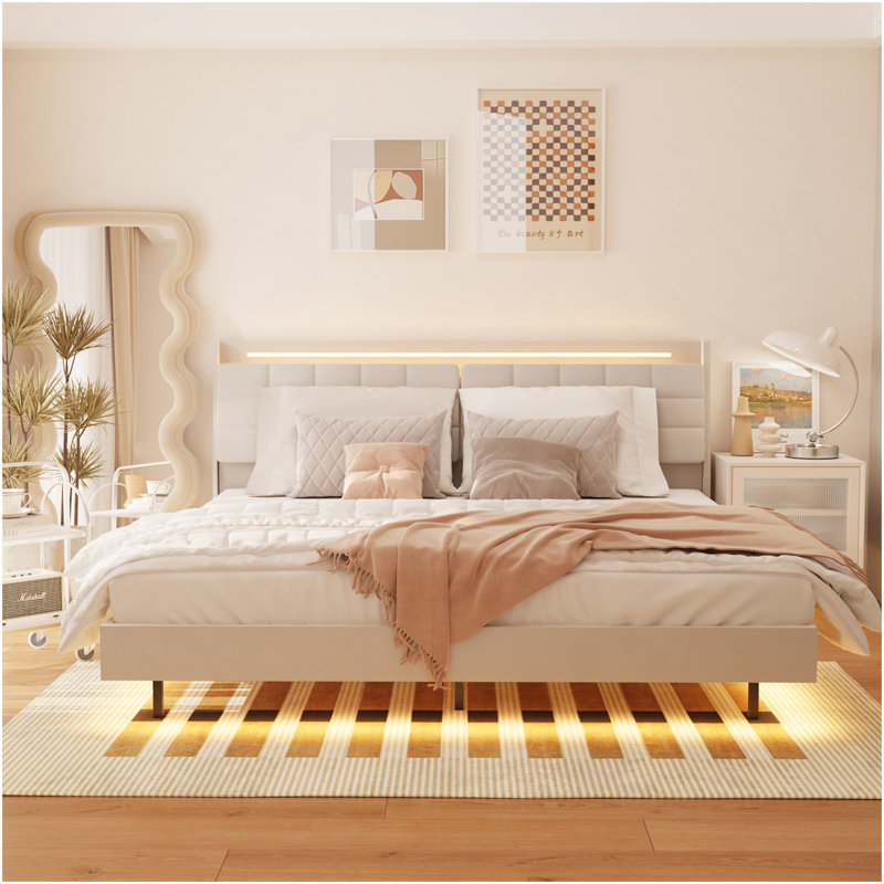 Grand cadre de lit flottant avec lumière DEL et base de lit tapissier avec base de lit tapissier avec tête de lit et espace de rangement caché, aucun sommier nécessaire, beige