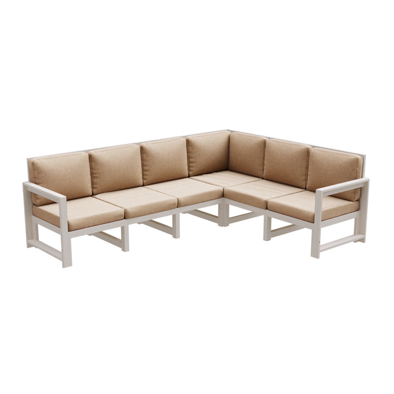 Jaquana 433 cm W Pine Solid Wood Patio Sofa with Cushions, White, Beige