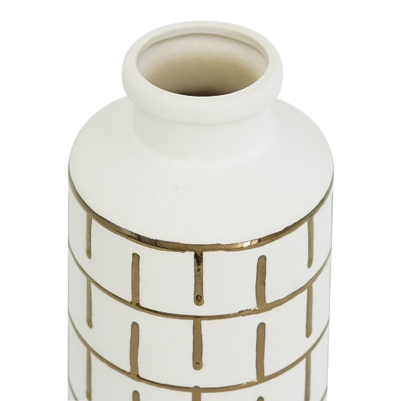 Round White Ceramic Vase with Gold Motif, 12" H x 5.5" W x 5.5" D