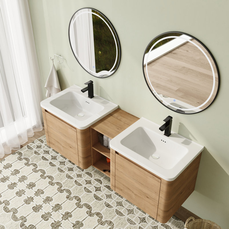 Meuble-lavabo mural flottant avec plateau en céramique, 60"