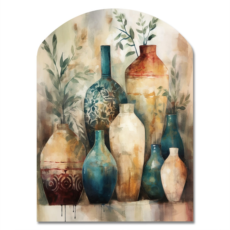 Green And Orange Artisanal Boho Pottery I - Boho Pottery Arch Shape Irregular Metal Wall Decor, 34" H x 25" W x 1" D