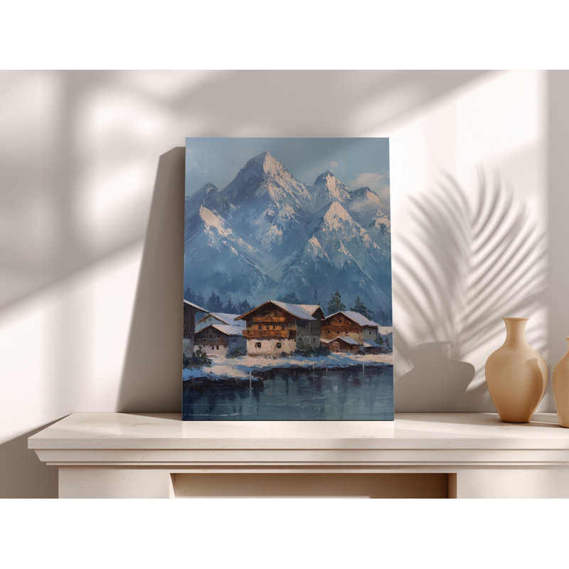 «Snowy Mountain Lake», art de village alpin, décor de chalet d'hiver, peinture de paysage européen rustique pour le salon, cadeau de la nature