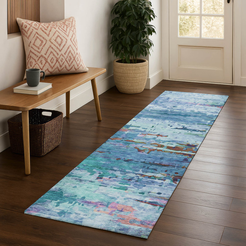 Premium Machine Washable Mayfield AMF2035 Abstract Rug, Blue, 2'3" x 7'6" Runner