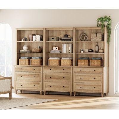 Scarlett 72.1"H X 101.6"W Bookcase With 3 Drawers Set Of 2, Tall Book Case With 3-Tier Open Book Shelfs, Large Wood Bookcases Farmhouse Bookshelves For Living Room Bedroom Home Office Kitchen