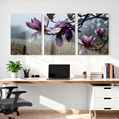 Ensemble de 3 tableaux sur toile représentant des fleurs de magnolia violettes sous la pluie, pour la décoration du salon et de la chambre à coucher.