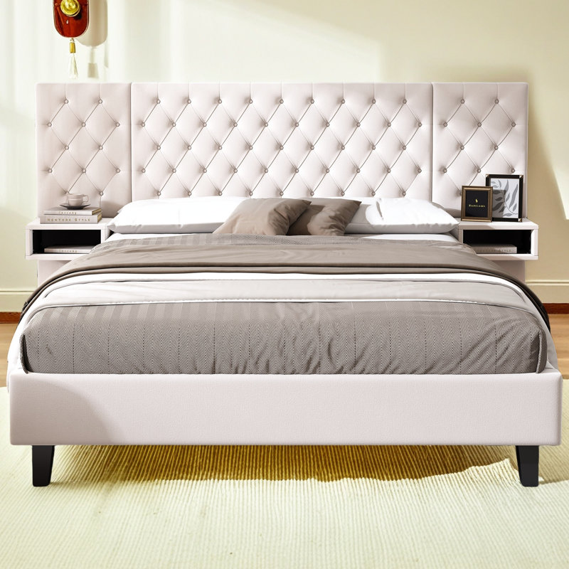 Lit plateforme avec tête de lit, lit plateforme tapissier moderne en velours avec 2 tables de chevet, Grand lit, Beige