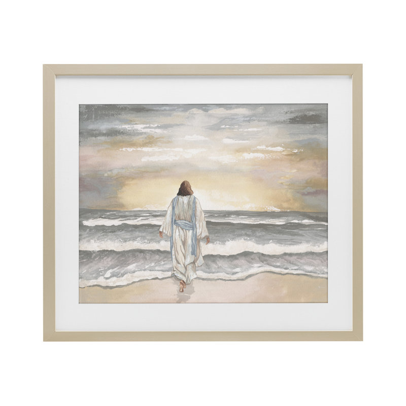 «Jesus Walks The Shore», reproduction sous verre encadrée, conception par Elizabeth Medley, H 13 po x l 16 po
