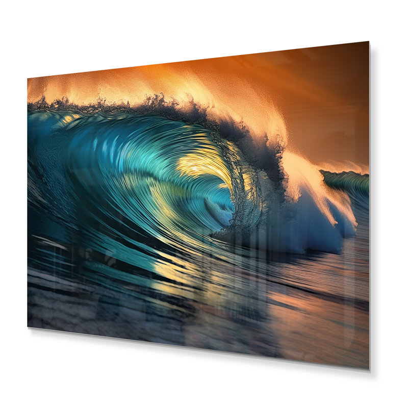Coucher de soleil bleu à la plage avec vagues II - art mural moderne en métal plage, H 12 po x l 20 po x P 1 po