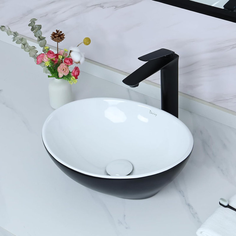 Davivy 15.7'' X 13.4'' Matte Black Oval Vessel Sink With Pop Up Drain Bathroom Vessel Sinks Ceramic Vessel Sink