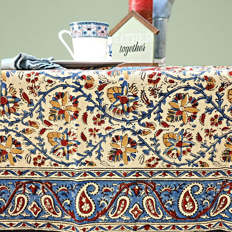 Block Print Paisley Floral Tablecloth Collection, 90" L x 60" W