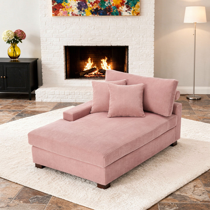 Milbrey Oversized Upholstered Chaise Lounge with Armrests & Throw Pillows, Left Hand Facing, Pink, Corduroy