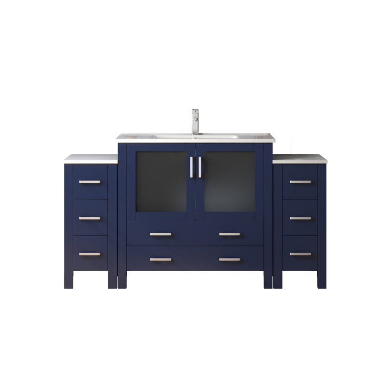 Ensemble de meuble-lavabo simple bleu marine l 60 po x P 18,25 po, avec armoires latérales, comptoir en céramique blanche et robinet