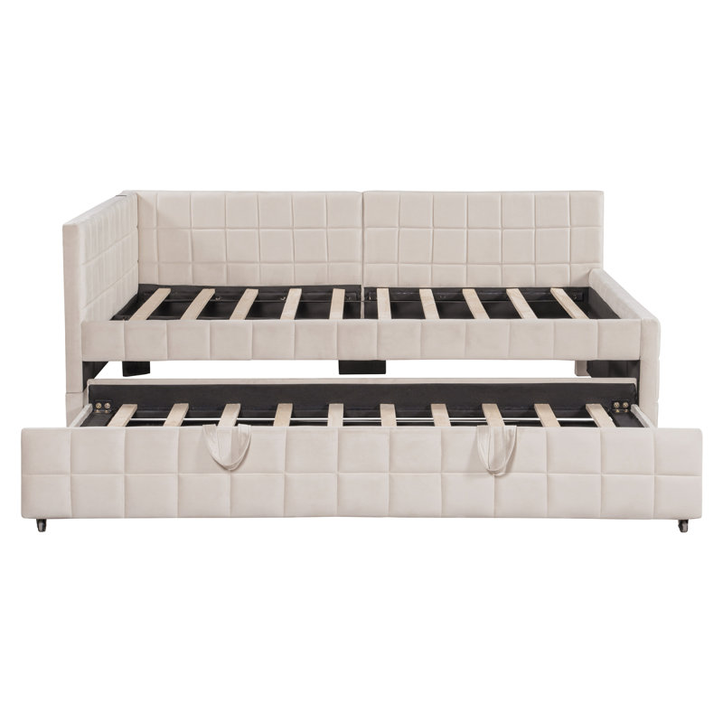 Lit de jour double rembourré en L avec lit gigogne escamotable et ports USB, beige, Beige