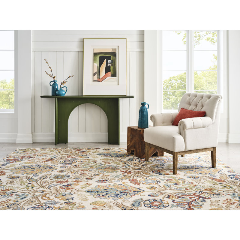 Tapis bleu / beige / vert en laine touffeté à la main Florals Acacia, Rectangulaire 3 pi x 5 pi