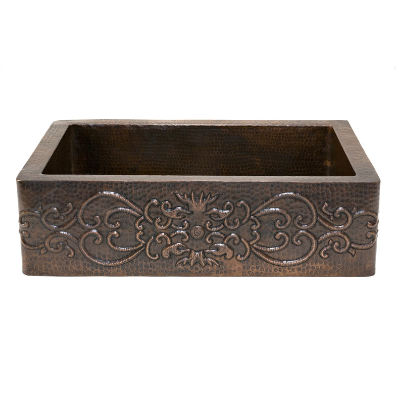 33" Hammered Copper Apron Front Single Basin Kitchen Sink w/ Scroll Design