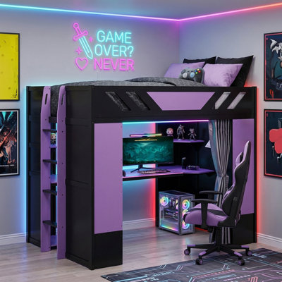 Lit mezzanine pleine grandeur pour enfants avec bureau d'ordinateur, construction compacte, bureau intégré avec station de charge et tablette, avec rideaux, style de jeu contemporain, chambre d'enfant