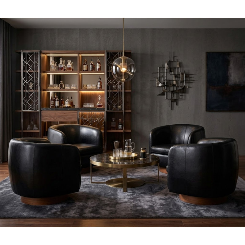 35" Wide Modern Swivel Faux Leather Upholstered Barrel Chair(Set Of 4), Black