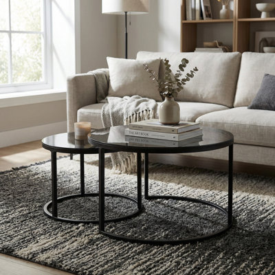 Alayn Nest of 2 Frame Black Coffee Tables with Glass Top