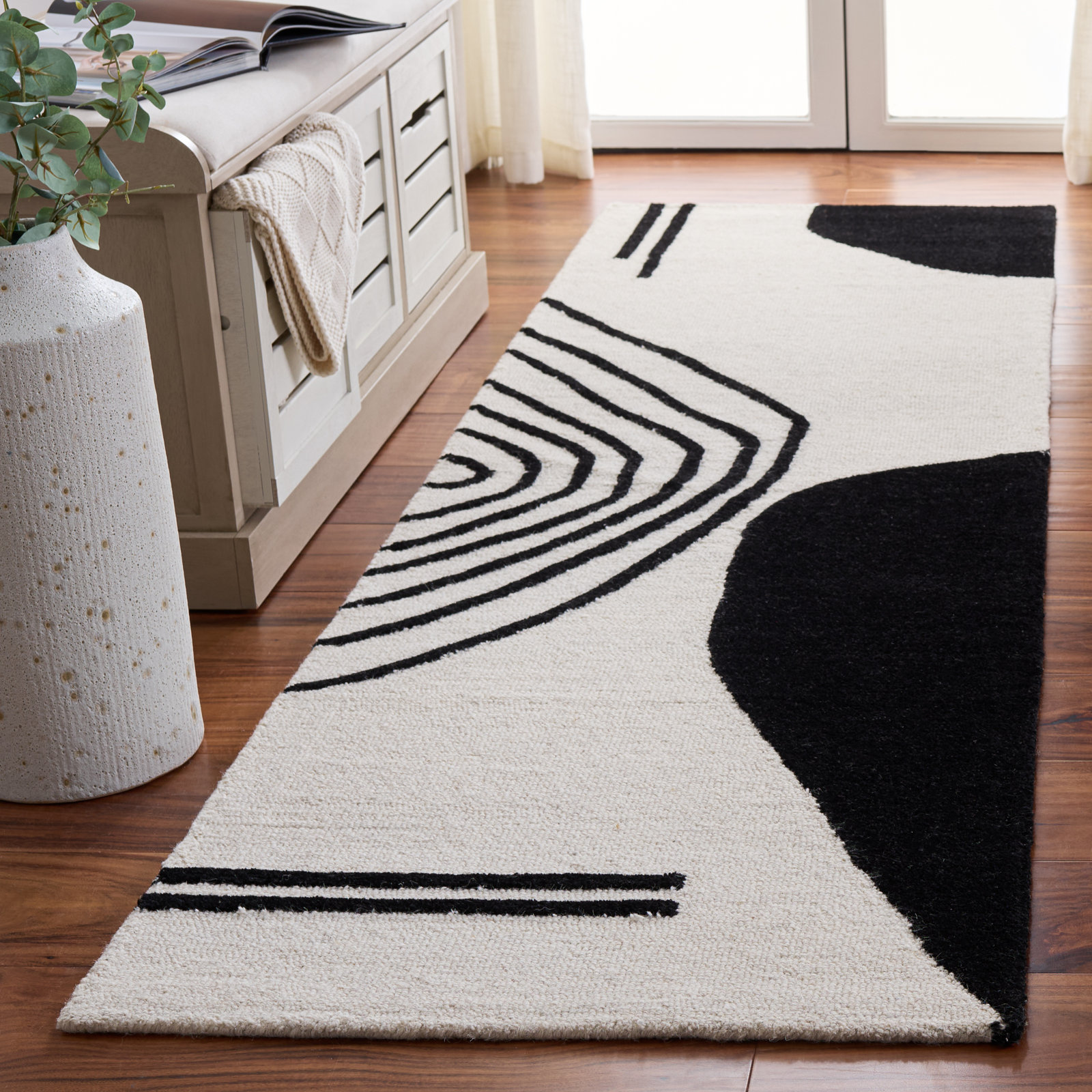 Felipe Ivory Black Hand-Woven Abstract Wool Rug, Runner 2'3" x 8'