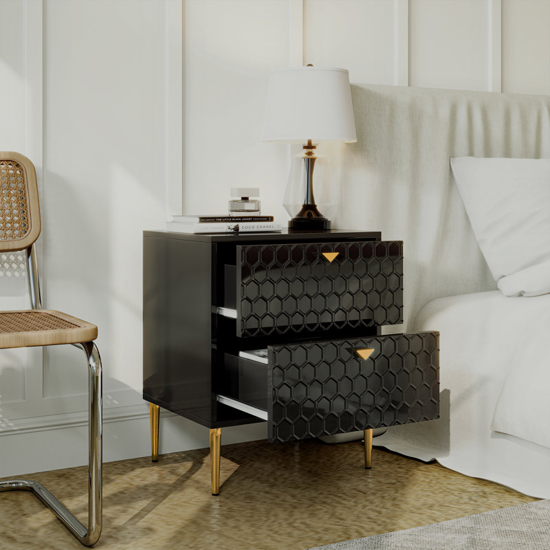 24.4" Tall 2-Drawer High Gloss Nightstand, Black