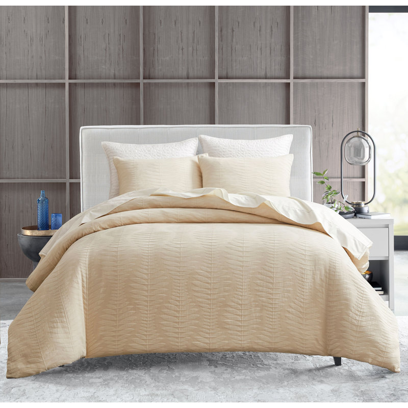  Ensemble de housse de couette pour grand lit en coton - Motif de feuille tissé CASpian, 100% coton matelassé respirant, dossier en satin 300TC, lavable à la machine - 3 couleurs