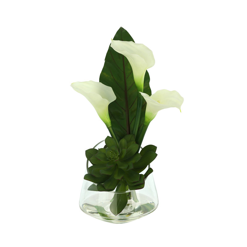 Modern Faux Floral with Calla Lilies and Succulents, 19" H x 10.5" W x 12" D