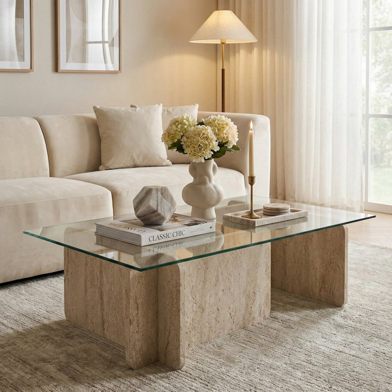 Rectangle Tempered Glass Coffee Table, Travertine, 11.8" H x 41.3" L x 25.6" W