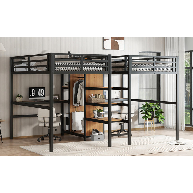 Lit mezzanine simple en métal avec bureau double, garde-robe et tablettes, prise électrique pour économiser de l'espace, rangement, prises de courant, réduction du bruit, apparence