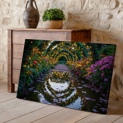 Canvas A Serene Garden Pathway Illuminated By Soft Warm Fairy Lights Wall Art Surrounded By Lush Greenery And Vibrant Flowers In Canvas Wall Art