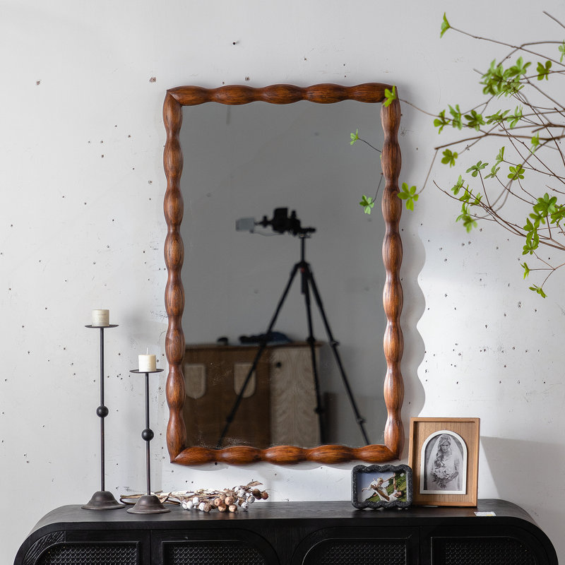 Miroir de style Mid-Century moderne avec cadre en bois massif, miroir de chambre haute définition mural non-déformable, miroir de salon, brun