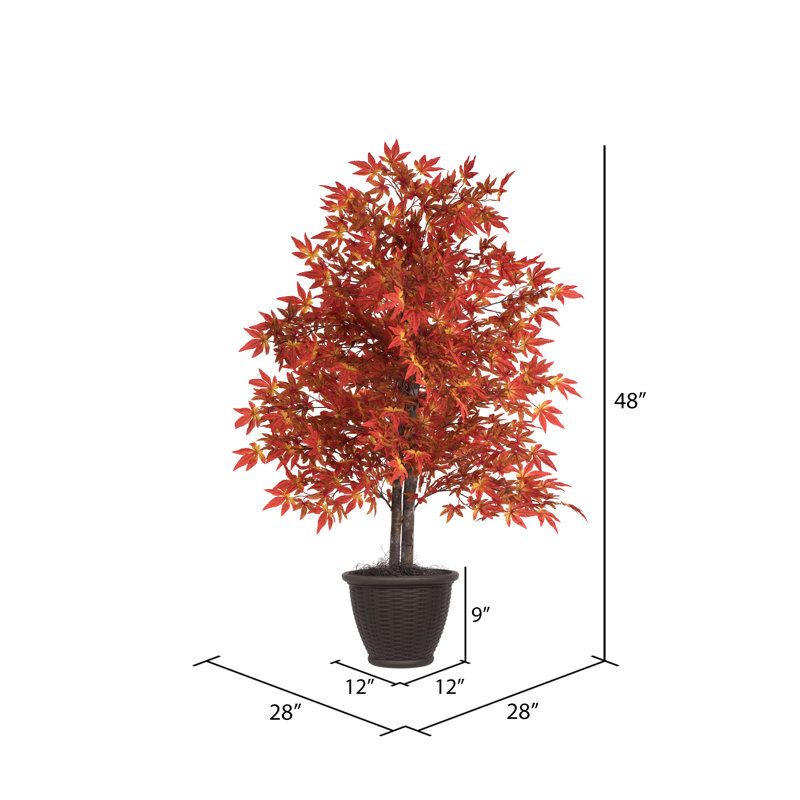 4' Artificial Orange Maple Bush, Rattan Basket.