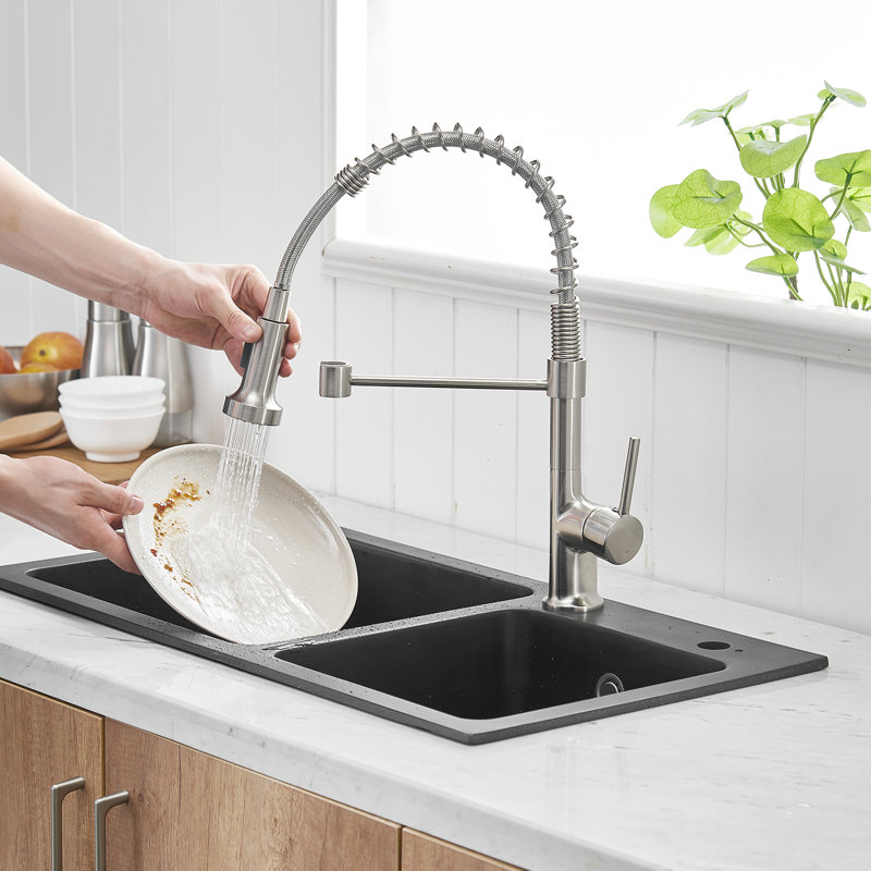 Robinet d'évier de cuisine rétractable en nickel brossé, poignée simple, robinet rotatif à 360 degrés, jet et jet commercial avec bec rétractable, nickel, bec arqué haut, double