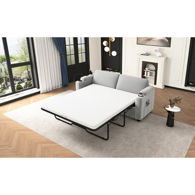 Grey Corduroy Sleeper With Mattress, 2 Usbs, Cup Holders, Side Storage Pockets, Phone Holder, Elegant Flair Design Convertible Ports, Stand, Luxury For Living