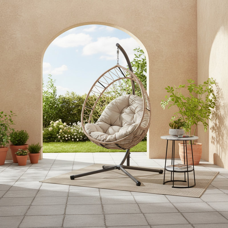 Chaise suspendue en osier avec support, hamac à bascule intérieur / extérieur, gris lin, Beige, Gris clair