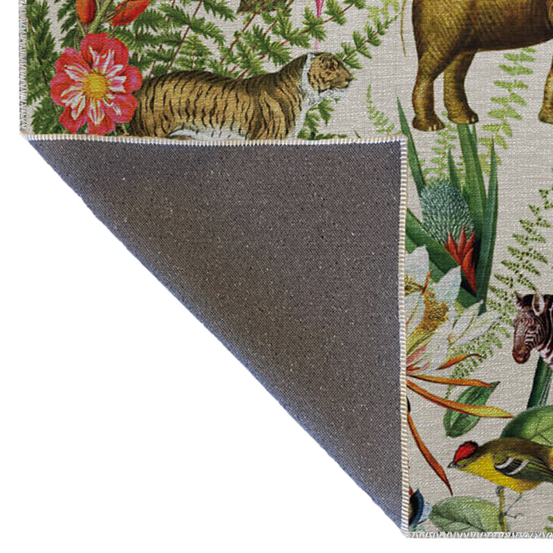 Multi-Coloured Forest-Themed Flower, Elephant, and Tiger Patterned Creative Modern Decorative Rug, Rectangle 3'3" x 6'6"