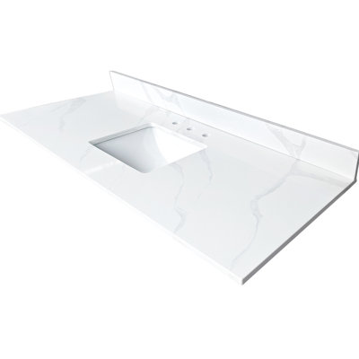 Dessus de meuble-lavabo en quartz 61 po avec lavabo simple encastré au centre, 4 dosserets hauts, 3 trous de robinet, blanc, chauffant, comptoir blanc idéal pour la décoration, salles de bain principales pré-percées