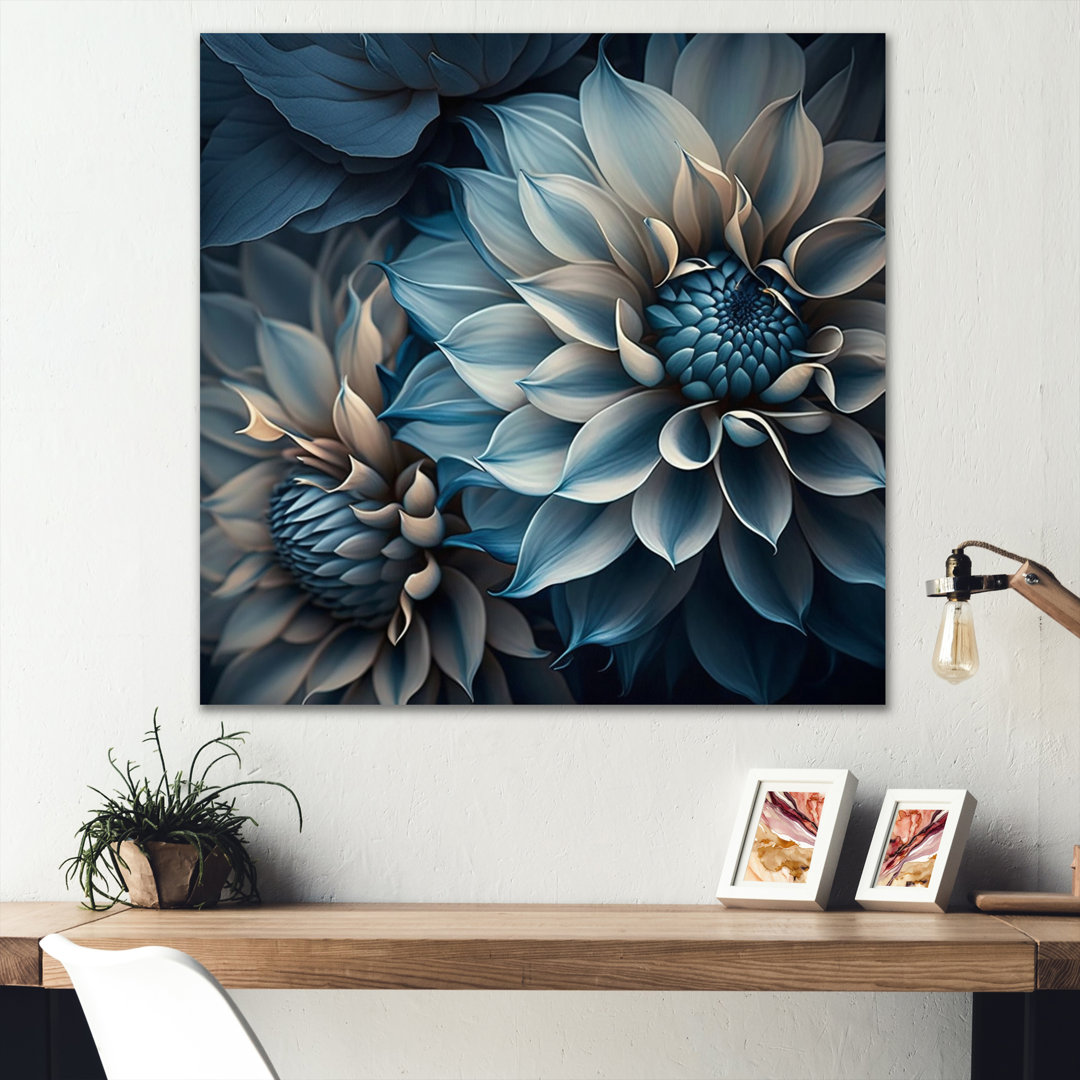 Dahlia Flowers Blue And White II - Dahlia Wall Art for Living Room Rosdorf Park 