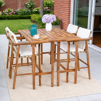 4 - Person Acacia Wood Patio Dining Set With Rectangular 2 Table And 4 Bar Stools