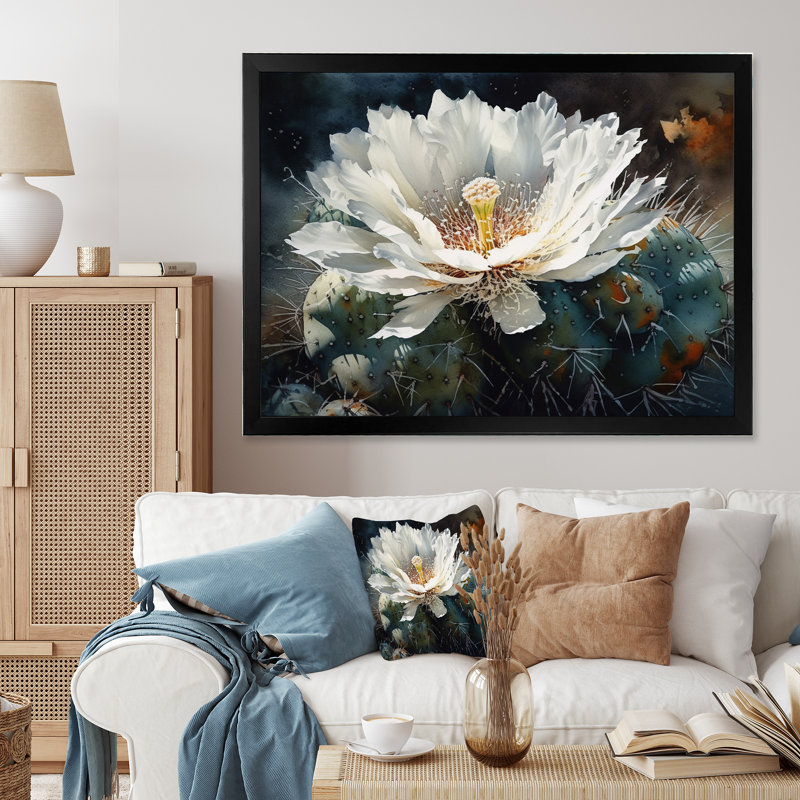 «Ryton White Green Cactus Flower III», reproduction sur toile, Cadre photo noir, H 12 po x l 20 po x P 1 po
