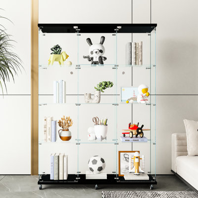 Grande vitrine en verre avec 4 tablettes noires pour le salon, offrant suffisamment de figurines, du vin, du whisky, du verre trempé de 5 mm, une structure solide, une tablette verrouillable à cordon métallique