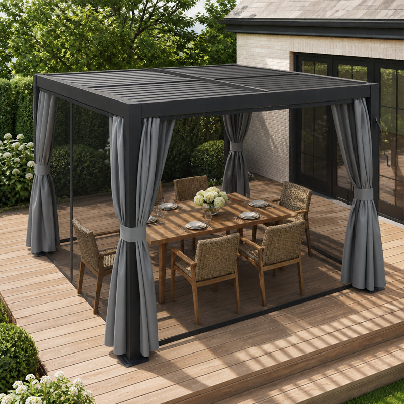 Pergola à auvent noir avec rideaux d'intimité et moustiquaire FLISE 10 pi x 10 pi, 10'x10', Black