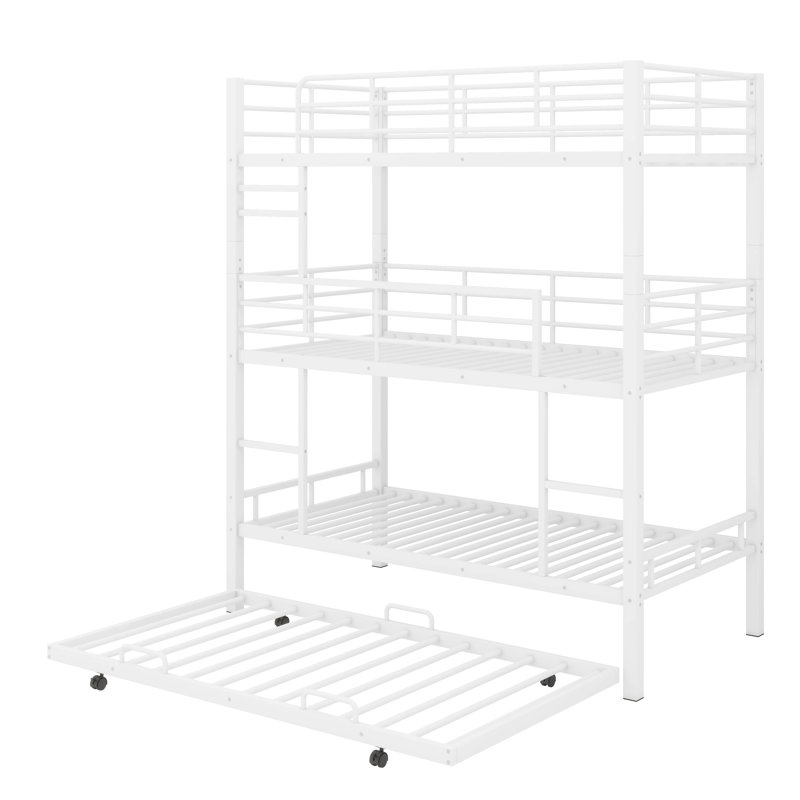 Lit superposé simple en métal à trois étages avec lit gigogne escamotable en dessous, Blanc